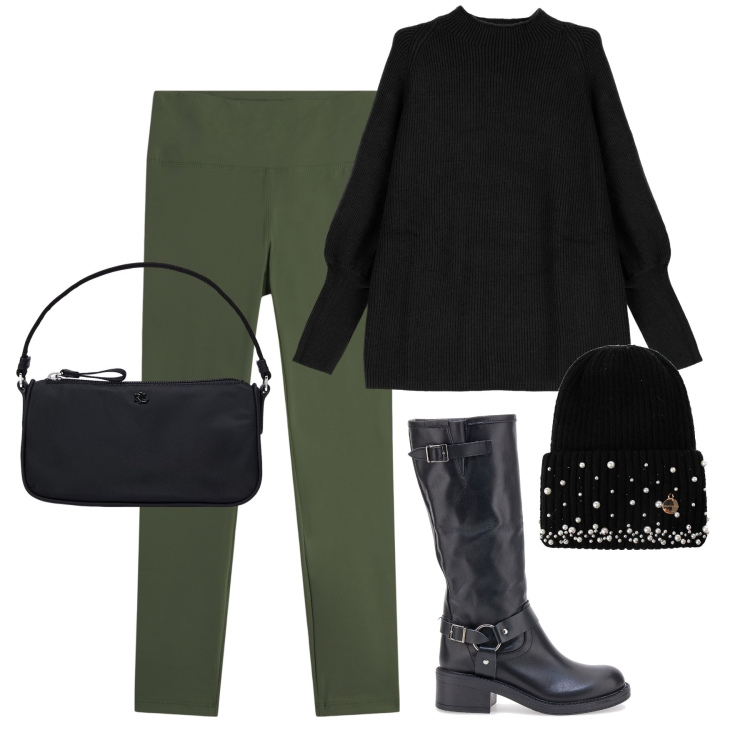 Outfit donna - Ultima tendenza. Stile Trendy per Tutti i giorni. Abbinamento con berretti, leggings, maglieria, pochette, stivali.