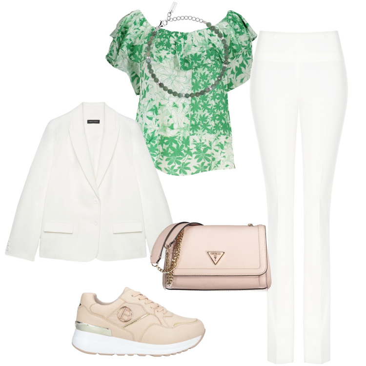 Outfit donna - Bianco beige e verde. Stile Casual per Tutti i giorni. Abbinamento con sneakers, braccialetti, pantaloni, blazer, borse a spalla, t-shirt.