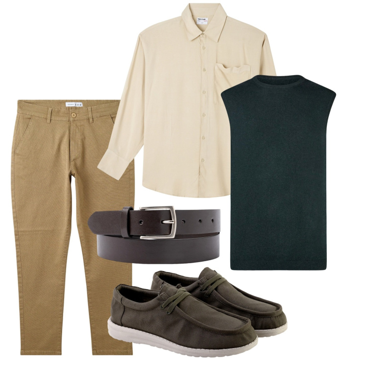 Outfit uomo - Senape e blu. Stile Casual per Tutti i giorni. Abbinamento con camicie, pantaloni chino, gilet, scarpe stringate, cinture.