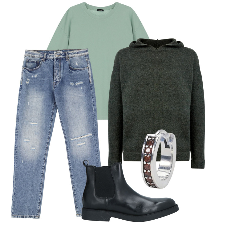 Outfit uomo - Il pull col cappuccio. Stile Casual per Tutti i giorni. Abbinamento con stivali e stivaletti, orecchini, t-shirt, jeans dritti, maglieria.
