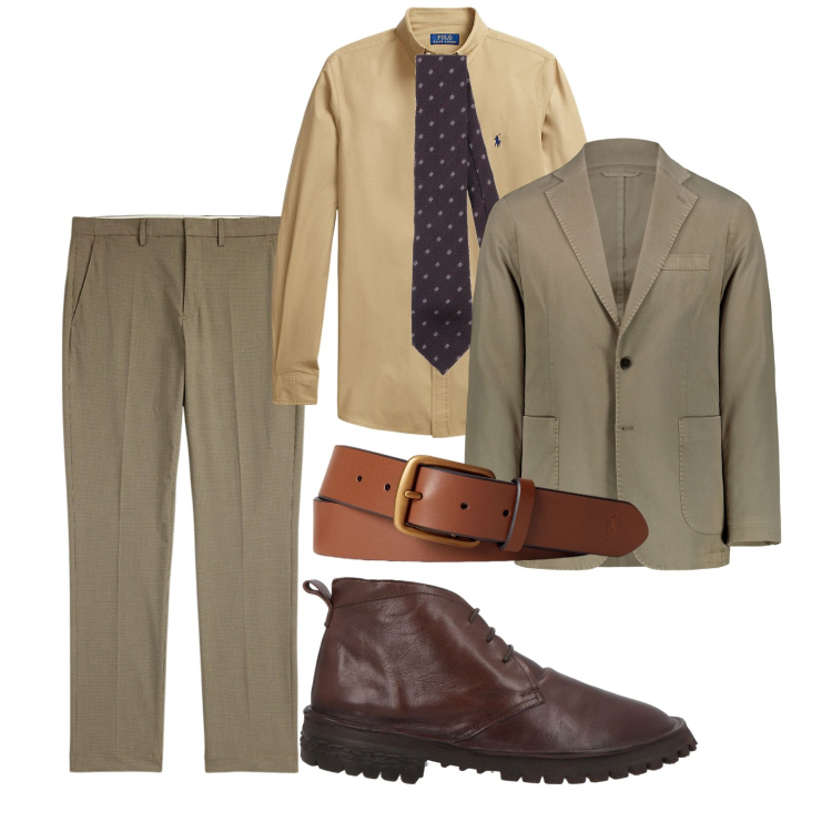 Outfit uomo - Elegante in tonalità muschio. Stile Business/Elegante per Tutti i giorni. Abbinamento con cravatte, stivali e stivaletti, camicie, cinture, pantaloni, giacche.