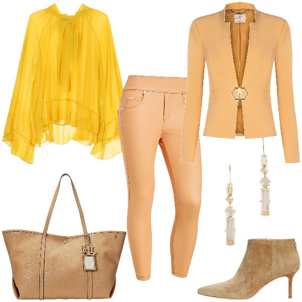 Outfit donna - Total look #1983090. Stile Chic per Ufficio. Abbinamento con blazer, jeggings, camicie, stivaletti, orecchini, borse tote.