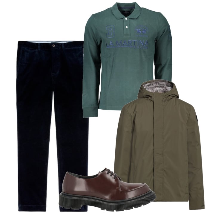 Outfit uomo - A novembre. Stile Casual per Tutti i giorni. Abbinamento con scarpe stringate, giacche, pantaloni, polo.