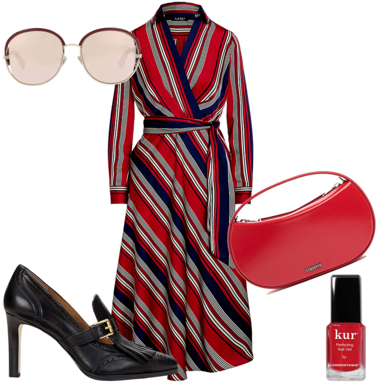 Outfit donna - Sopra le righe. Stile 70s per Ufficio. Abbinamento con occhiali da sole, smalti, décolleté, vestiti, borse a mano.