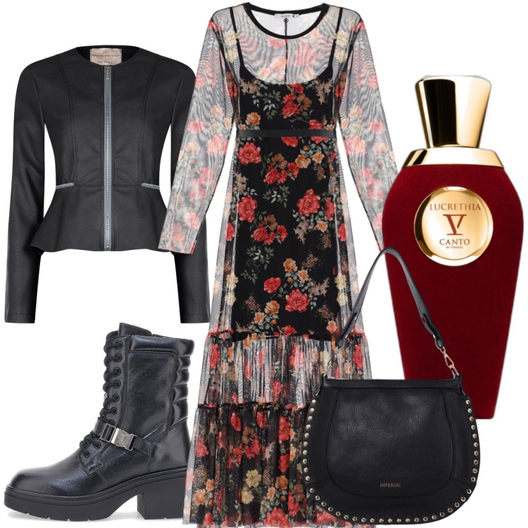 Outfit donna - Total look #1983117. Stile Trendy per Serata fuori. Abbinamento con profumi, blazer, vestiti lunghi, borse a spalla, anfibi.