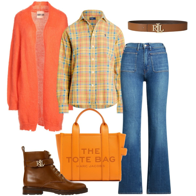 Outfit donna - Il lungo cardigan arancio. Stile Urban per Tutti i giorni. Abbinamento con cardigans, cinture, jeans bootcut, camicie, stivaletti, shopping bag.
