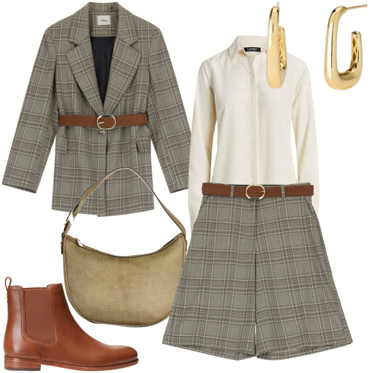 Outfit donna - Il completo scozzese. Stile Trendy per Ufficio. Abbinamento con orecchini, bermuda, blazer, camicie, stivaletti chelsea, borse a spalla.