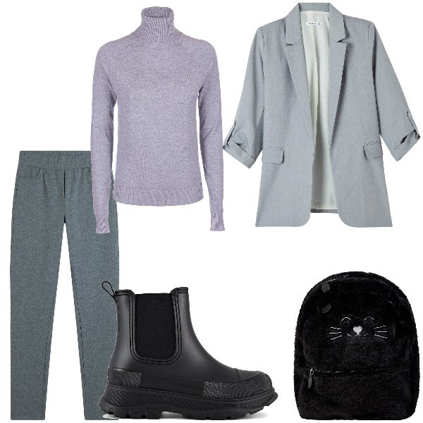 Outfit donna - Total look #1983126. Stile Casual per Tutti i giorni. Abbinamento con zaini, blazer, maglieria, pantaloni, stivali.