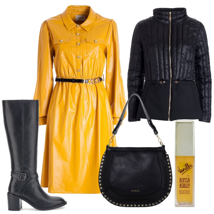 Outfit donna - Il vestito per l\'autunno. Stile Trendy per Tutti i giorni. Abbinamento con profumi, piumini, vestiti chemisier, borse a spalla, stivali.
