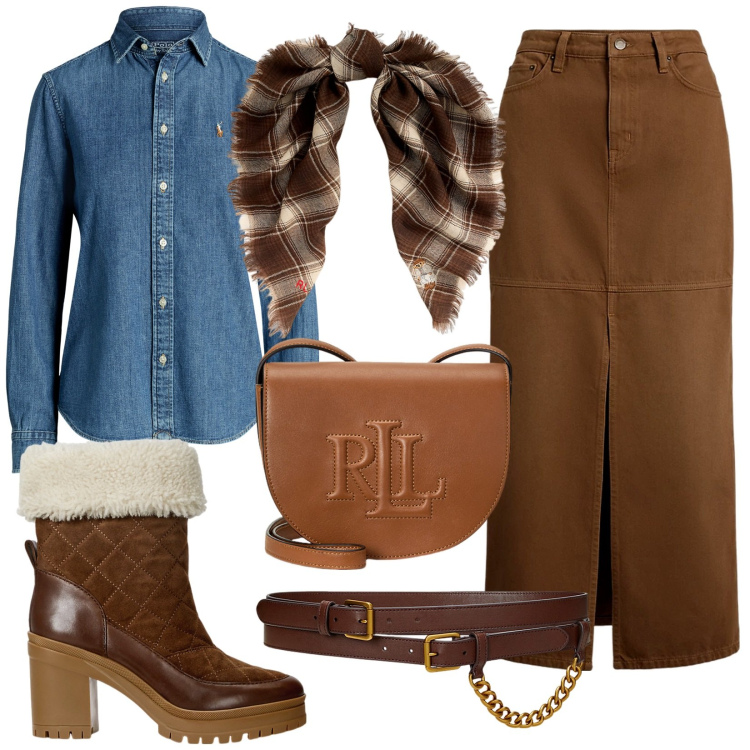 Outfit donna - Total look #1983140. Stile Casual chic per Tutti i giorni. Abbinamento con borse a tracolla, foulard, camicie, cinture, gonne, stivaletti.