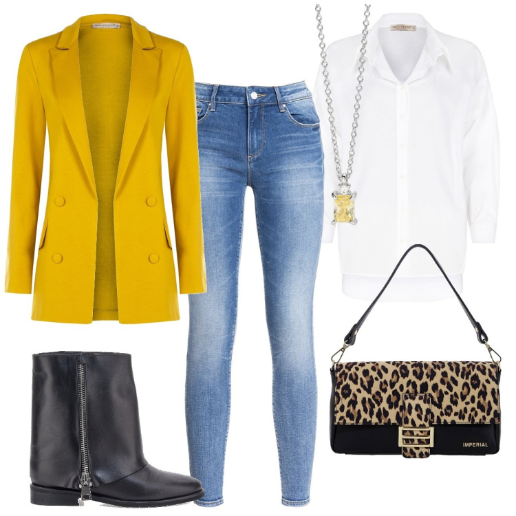 Outfit donna - Must have d\'autunno: il blazer colorato. Stile Trendy per Tutti i giorni. Abbinamento con collane, blazer, camicie, jeans, borse a spalla, stivaletti.