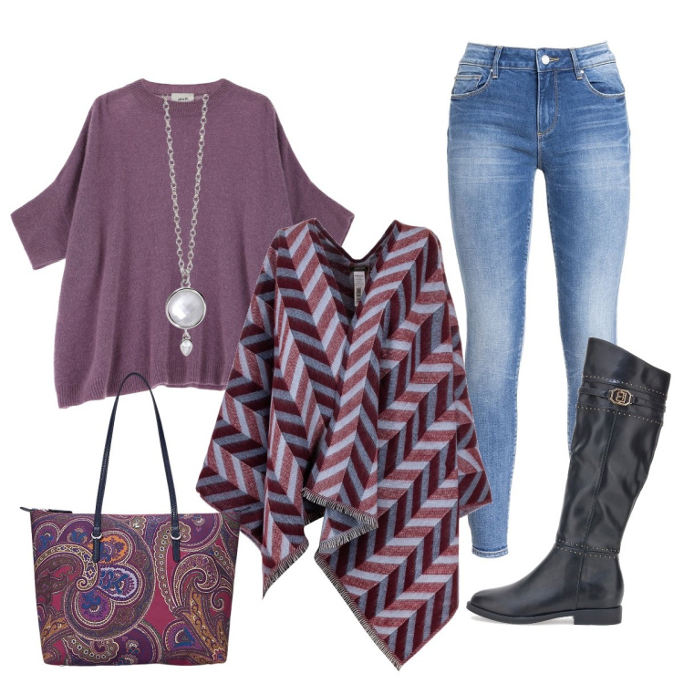 Outfit donna - Stile…. Stile Glamour per Tutti i giorni. Abbinamento con collane, cappe, jeans, pullovers, borse tote, stivali sopra il ginocchio.