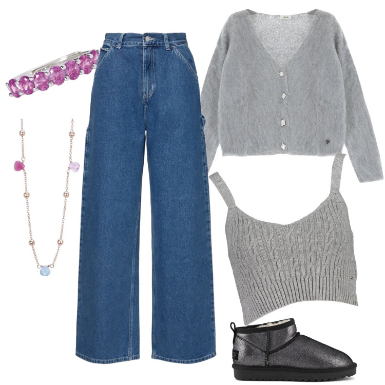 Outfit donna - Outfit comodo. Stile Casual per Scuola/Università. Abbinamento con collane, anelli, cardigans, stivali, pantaloni, top.