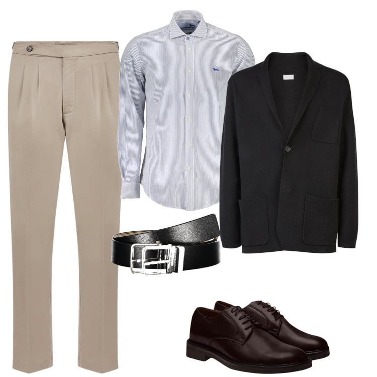 Outfit uomo - Lo stile del cardigan. Stile Casual per Ufficio. Abbinamento con pantaloni, scarpe stringate, cardigans, cinture, camicie.