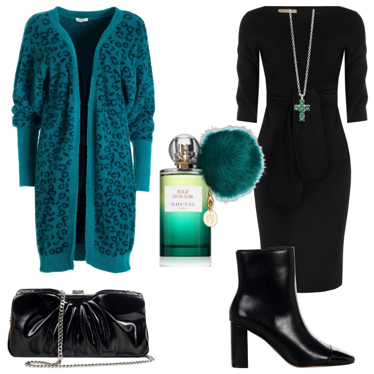 Outfit donna - Glamour a ottobre. Stile Glamour per Serata fuori. Abbinamento con profumi, ciondoli, vestiti midi/longuette, stivaletti, pochette, cardigans.