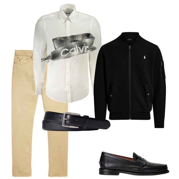 Outfit uomo - Di stile. Stile Business/Elegante per Ufficio. Abbinamento con scarpe stringate, cinture, bomber, pantaloni chino, sciarpe, camicie.