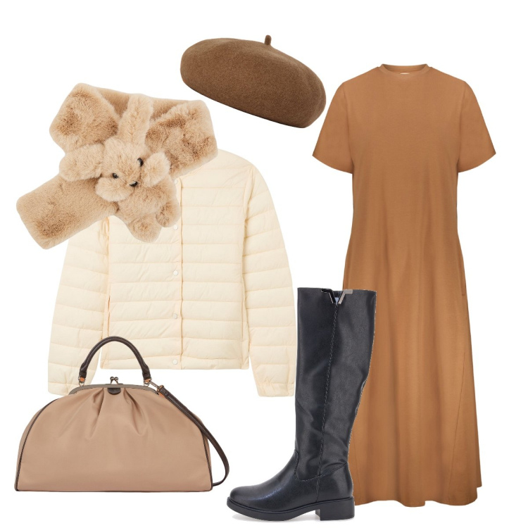 Outfit donna - Originale!. Stile Preppy per Tutti i giorni. Abbinamento con sciarpe, piumini, cappelli e berretti, vestiti midi/longuette, stivali sopra il ginocchio, borse a spalla.