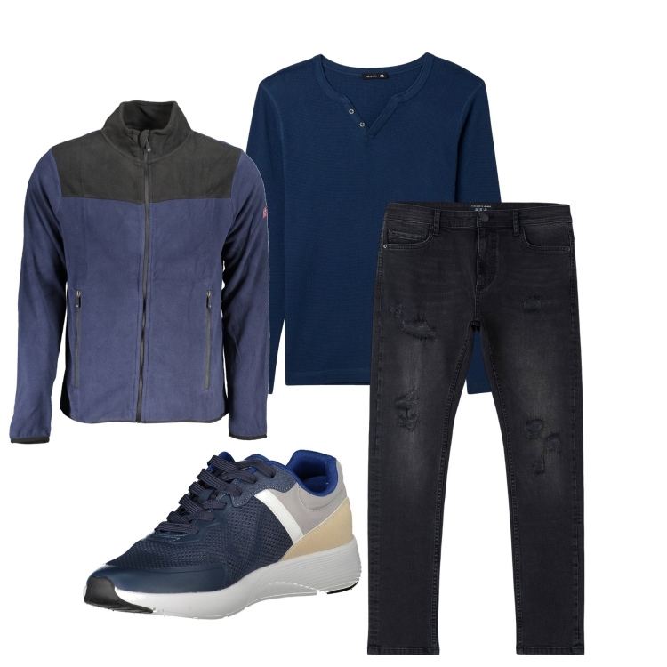 Outfit uomo - Blu e nero. Stile Urban per Tutti i giorni. Abbinamento con jeans strappati, t-shirt, felpe, sneakers.