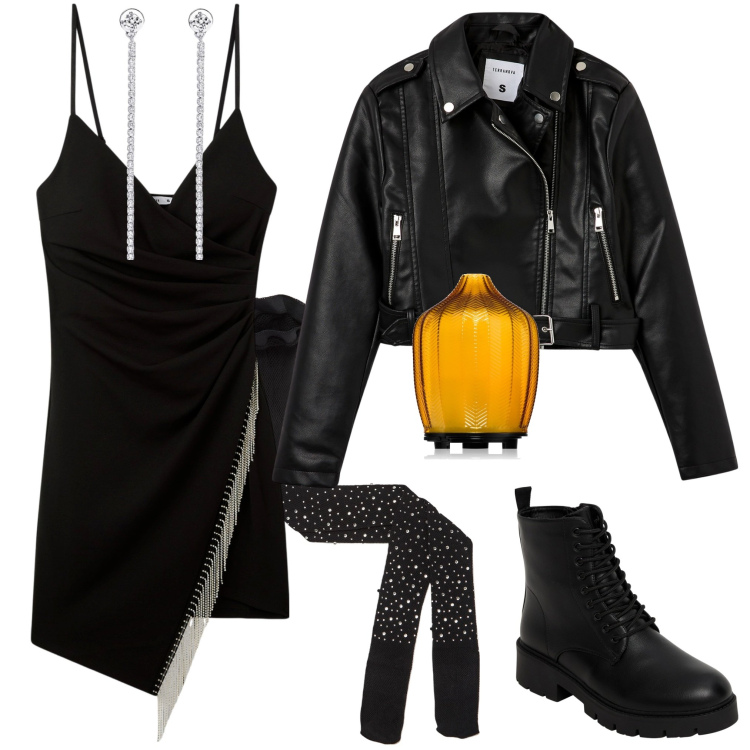 Outfit donna - Halloween con Terranova. Stile Chic per Serata fuori. Abbinamento con profumi, orecchini, vestiti corti, collant, giacche, anfibi.