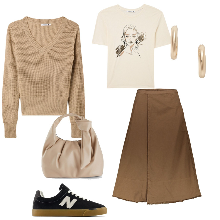 Outfit donna - Passeggiata della domenica. Stile Casual chic per Tutti i giorni. Abbinamento con borse a mano, sneakers, orecchini, gonne lunghe, t-shirt, maglieria.