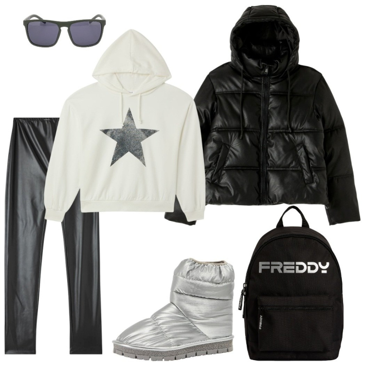 Outfit donna - Over the moon. Stile Sporty chic per Tutti i giorni. Abbinamento con treggings, felpe sportive, stivali da neve, piumini, zaini, occhiali da sole.