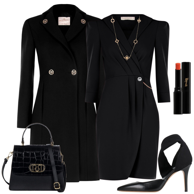 Outfit donna - Serata evento. Stile Chic per Serata fuori. Abbinamento con décolleté, rossetti, vestiti, cappotti, borse a mano, collane.