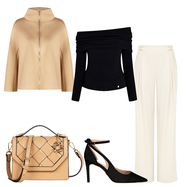 Outfit donna - Total look #1983268. Stile Casual chic per Tutti i giorni. Abbinamento con pantaloni a palazzo, maglieria, cappe, décolleté, borse a mano.
