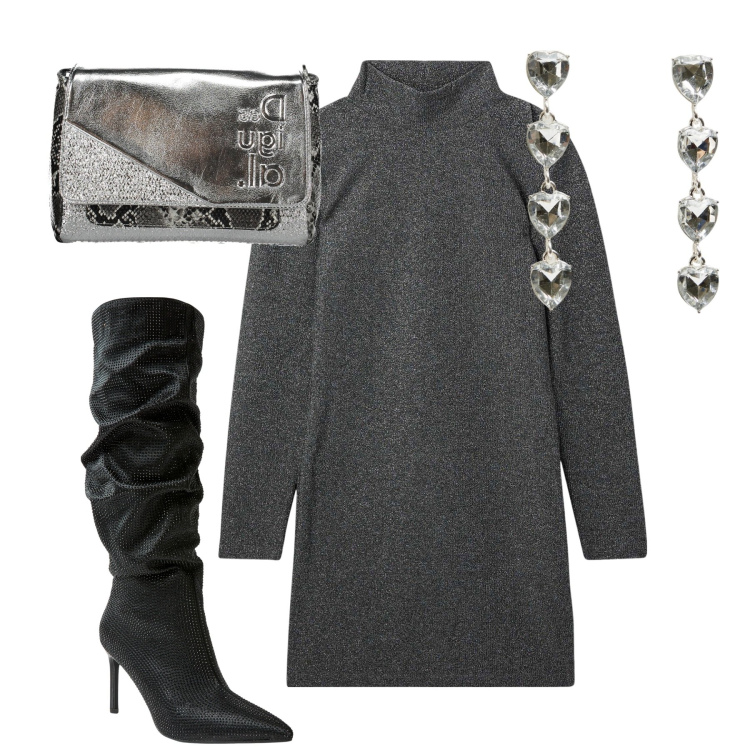 Outfit donna - Serata. Stile Glamour per Serata fuori. Abbinamento con vestiti corti, orecchini, stivali, borse a spalla.