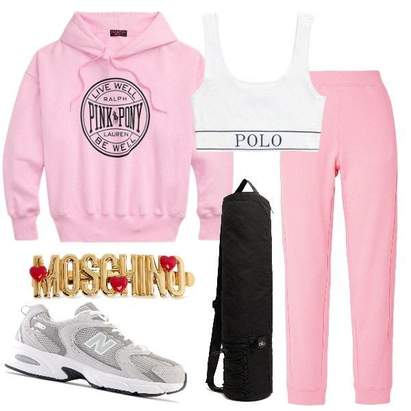 Outfit donna - Corso di yoga. Stile Sporty chic per Sport. Abbinamento con pantaloni, scarpe sportive, canottiere, felpe con cappuccio, accessori per capelli, borse sportive.