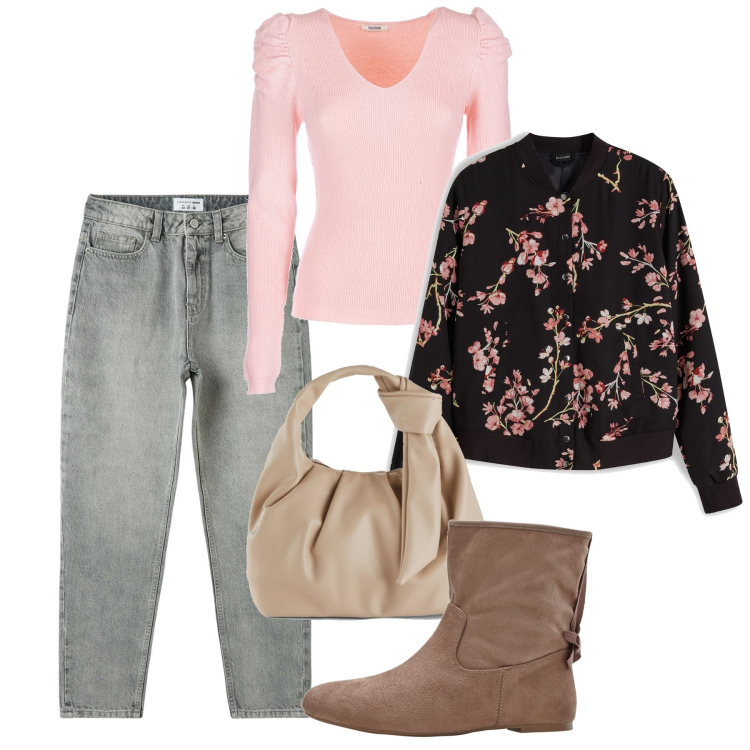 Outfit donna - Fiori giapponesi. Stile Basic per Tutti i giorni. Abbinamento con bomber, borse a mano, stivaletti, jeans mom, maglieria.