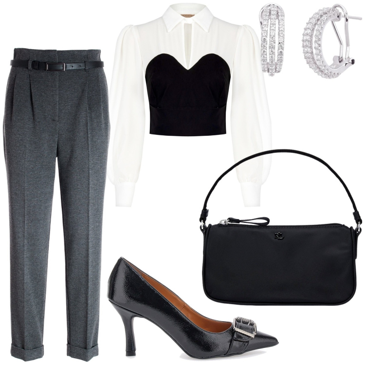 Outfit donna - Total look #1983283. Stile Glamour per Serata fuori. Abbinamento con orecchini, bluse, pantaloni, pochette, décolleté.