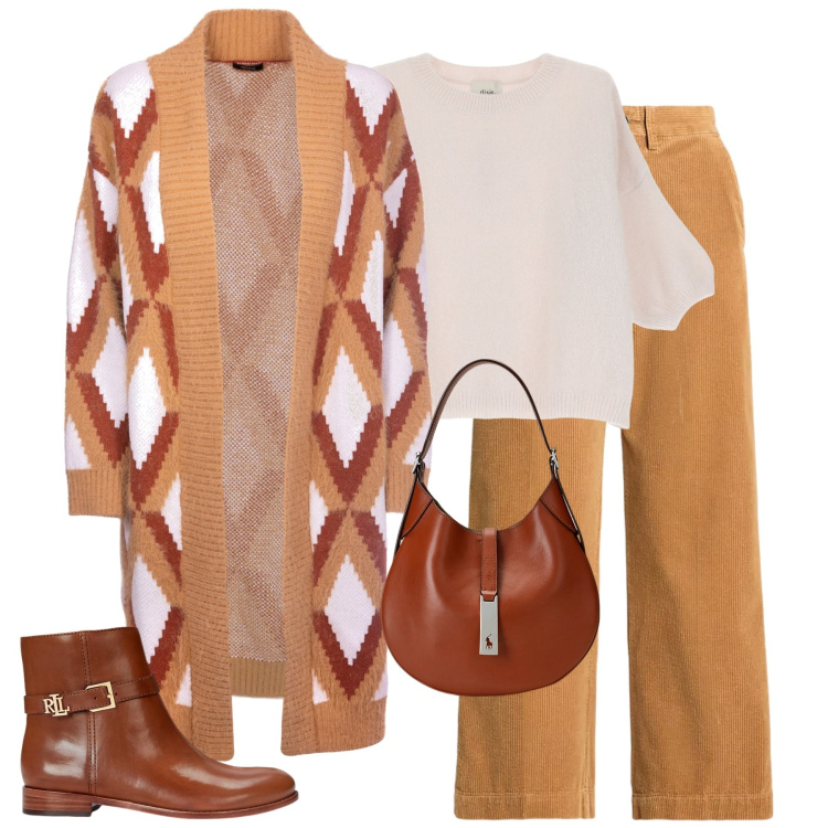 Outfit donna - City ottobre. Stile Trendy per Tutti i giorni. Abbinamento con cardigans, borse a spalla, stivaletti, pantaloni, pullovers.