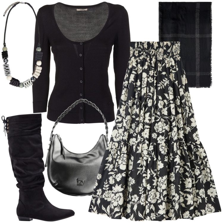 Outfit donna - Total look #1983286. Stile Casual per Tutti i giorni. Abbinamento con stivali, gonne lunghe, cardigans, borse a spalla, sciarpe, collane.
