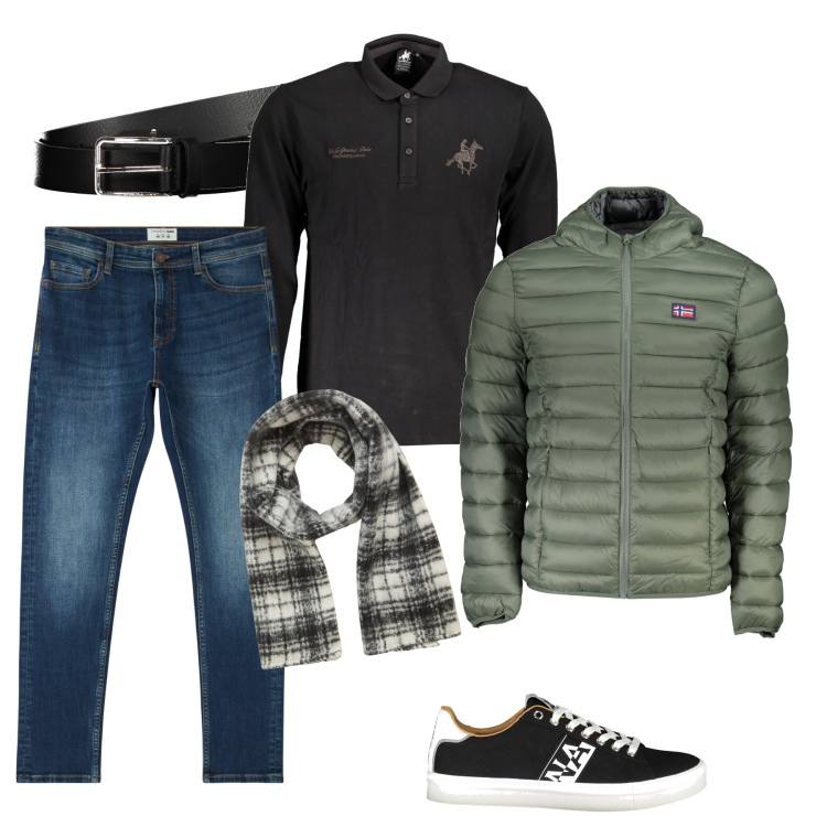 Outfit uomo - Il piumino verde bosco. Stile Casual per Tutti i giorni. Abbinamento con jeans skinny, sciarpe, giacche, polo, cinture, sneakers.