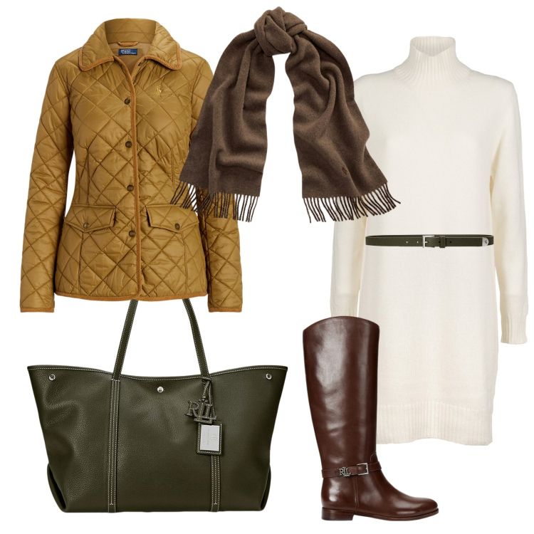 Outfit donna - Pomeriggio con le amiche. Stile Casual per Tutti i giorni. Abbinamento con sciarpe, giacche, stivali, borse tote, cinture, vestiti.