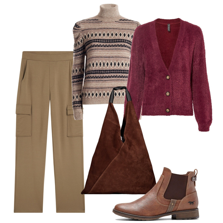 Outfit donna - Il dolcevita con le greche. Stile Bon Ton per Tutti i giorni. Abbinamento con cardigans, stivaletti chelsea, maglieria, pantaloni cargo, borse a spalla.