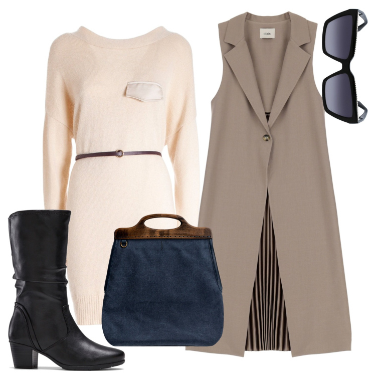 Outfit donna - L\'abito sabbia. Stile Bon Ton per Ufficio. Abbinamento con stivali, vestiti midi/longuette, cappotti, borse a tracolla, occhiali da sole.