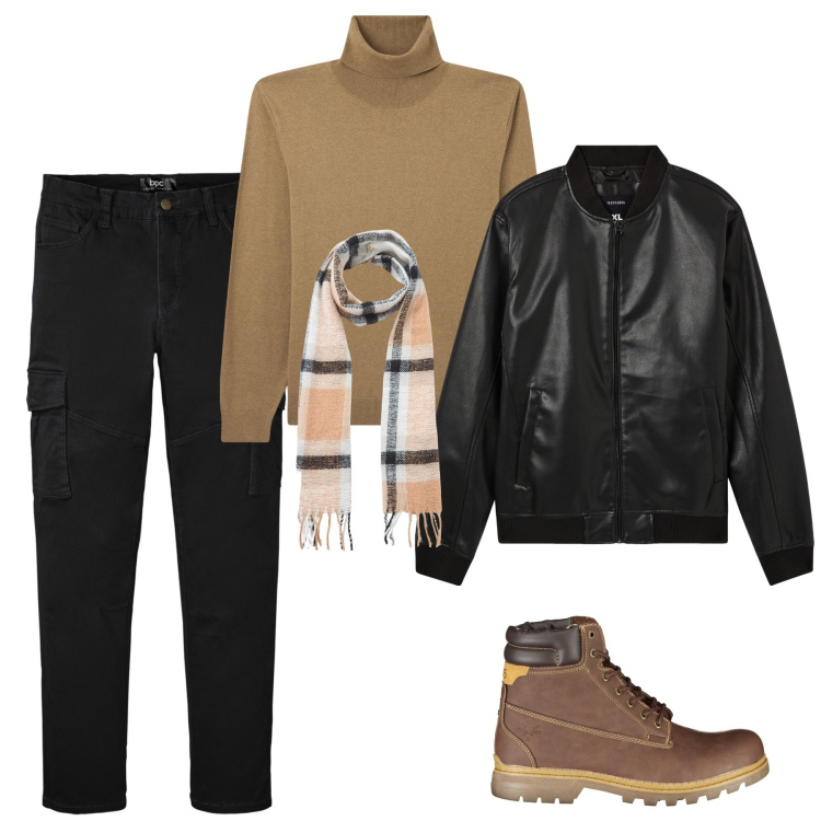 Outfit uomo - Giornata di pioggia. Stile Trendy per Tutti i giorni. Abbinamento con pantaloni cargo, bomber, sciarpe, maglieria, stivali.