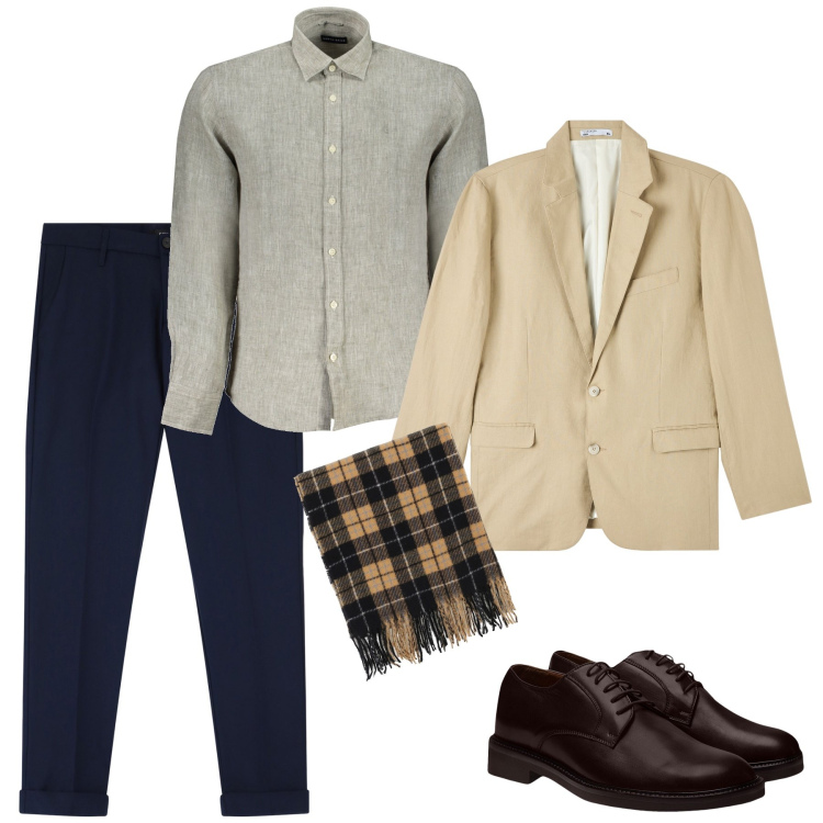 Outfit uomo - Casual chic. Stile Casual per Tutti i giorni. Abbinamento con giacche, sciarpe, pantaloni chino, scarpe stringate, camicie.