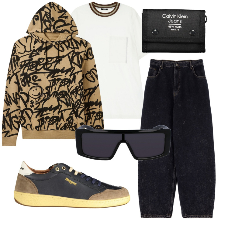 Outfit uomo - Urbanissimo. Stile Urban per Tutti i giorni. Abbinamento con felpe con cappuccio, t-shirt, jeans, sneakers, occhiali da sole, portafogli.