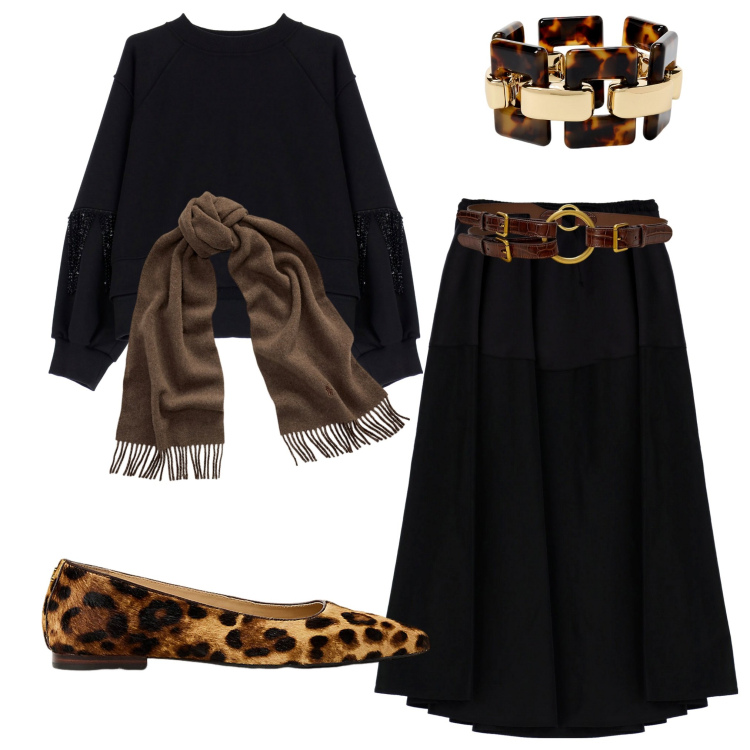 Outfit donna - Imperial. Stile Casual chic per Ufficio. Abbinamento con gonne lunghe, felpe, sciarpe, ballerine, braccialetti, cinture.