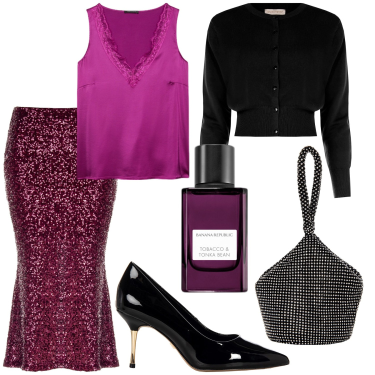 Outfit donna - Total look #1983331. Stile Glamour per Serata fuori. Abbinamento con profumi, gonne longuette, pochette, décolleté, cardigans, top.