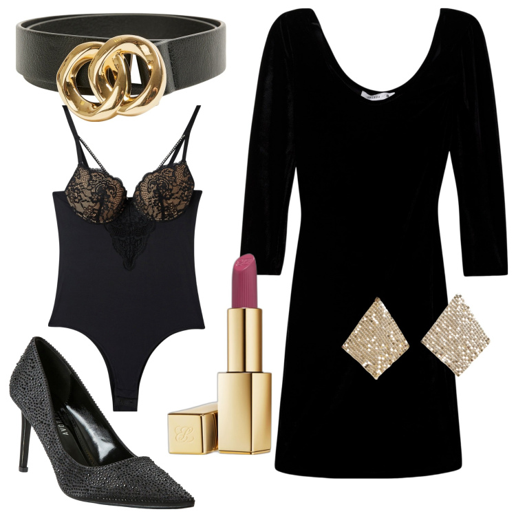 Outfit donna - Halloween con Terranova. Stile Chic per Serata fuori. Abbinamento con rossetti, vestiti lunghi, body, cinture, orecchini, décolleté.