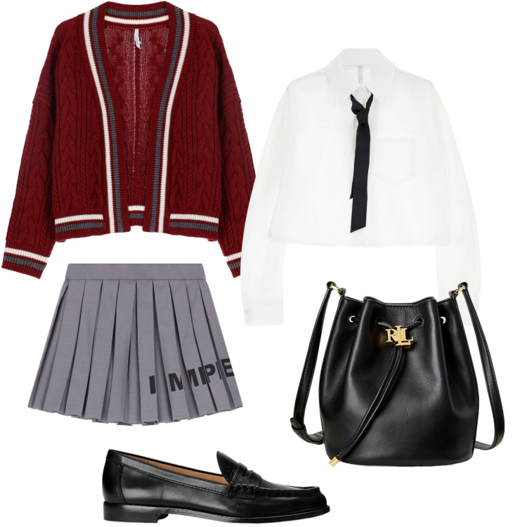 Outfit donna - Preppy Style con Imperial. Stile Preppy per Ufficio. Abbinamento con cardigans, camicie, minigonne, mocassini, borse a secchiello.