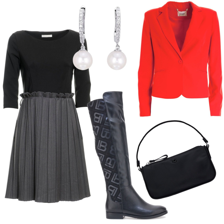 Outfit donna - Gli stivali per l\'autunno. Stile Casual chic per Serata fuori. Abbinamento con orecchini, vestiti midi/longuette, blazer, pochette, stivali sopra il ginocchio.