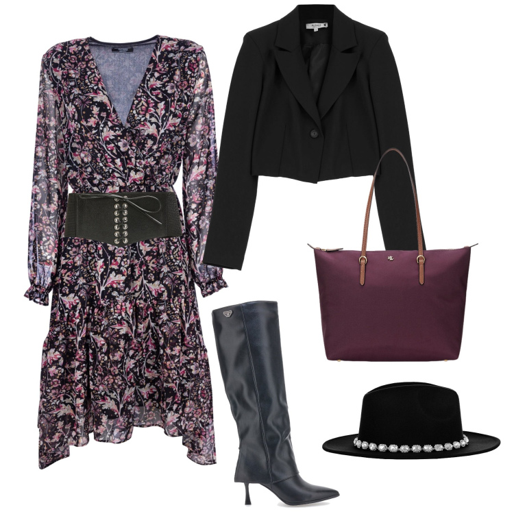 Outfit donna - City in trend. Stile Trendy per Tutti i giorni. Abbinamento con cinture, blazer, cappelli, vestiti, borse tote, stivali.