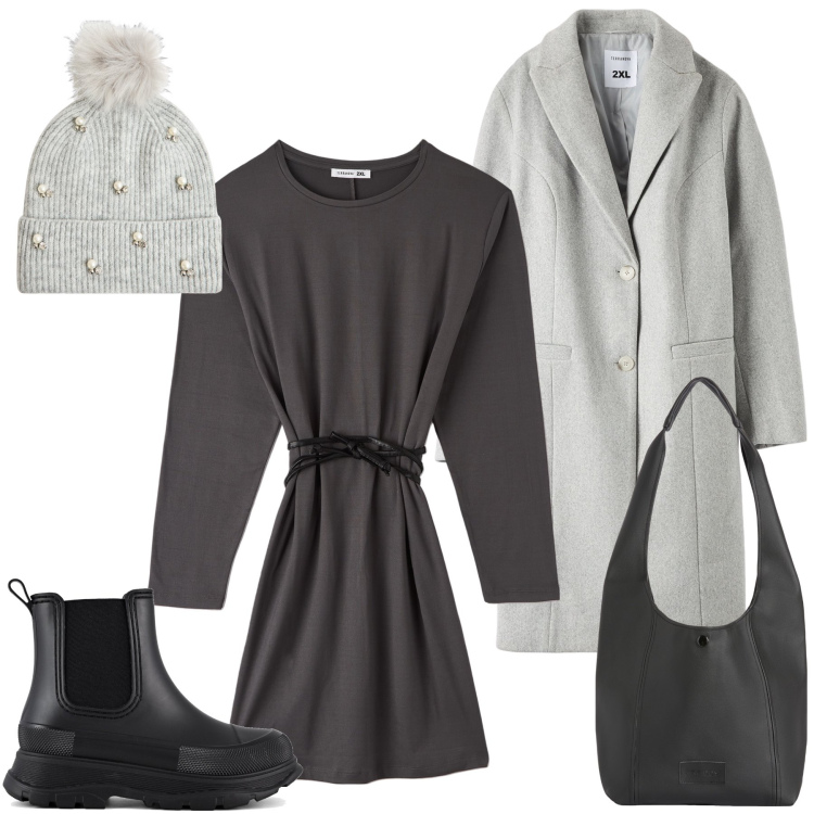 Outfit donna - Total look #1983354. Stile Casual chic per Serata fuori. Abbinamento con vestiti midi/longuette, cappotti, berretti, borse a spalla, stivali.