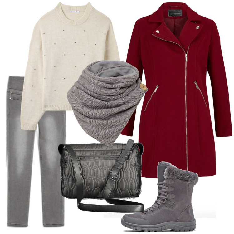 Outfit donna - Il cappotto caldo per l\'autunno. Stile Minimal per Scuola/Università. Abbinamento con stivaletti, jeans slim fit, foulard, cappotti, maglieria, borse a tracolla.