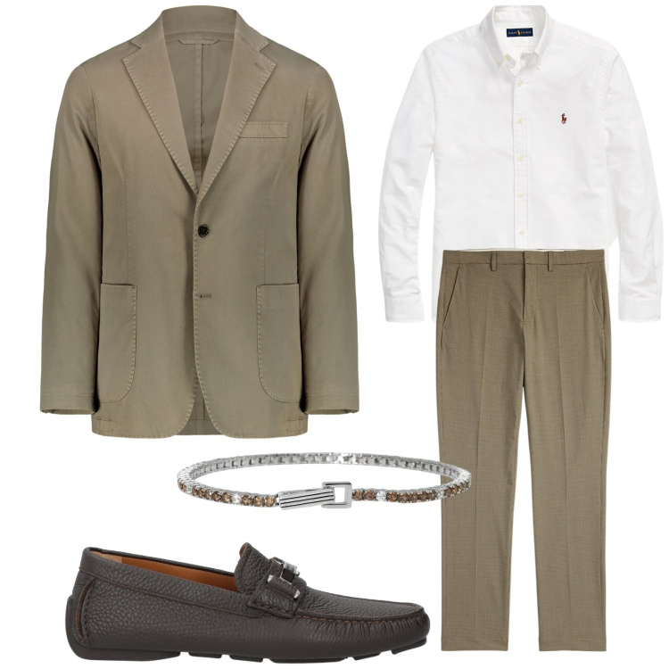 Outfit uomo - Ore 9. Stile Business/Elegante per Ufficio. Abbinamento con scarpe stringate, braccialetti, camicie, pantaloni, giacche.