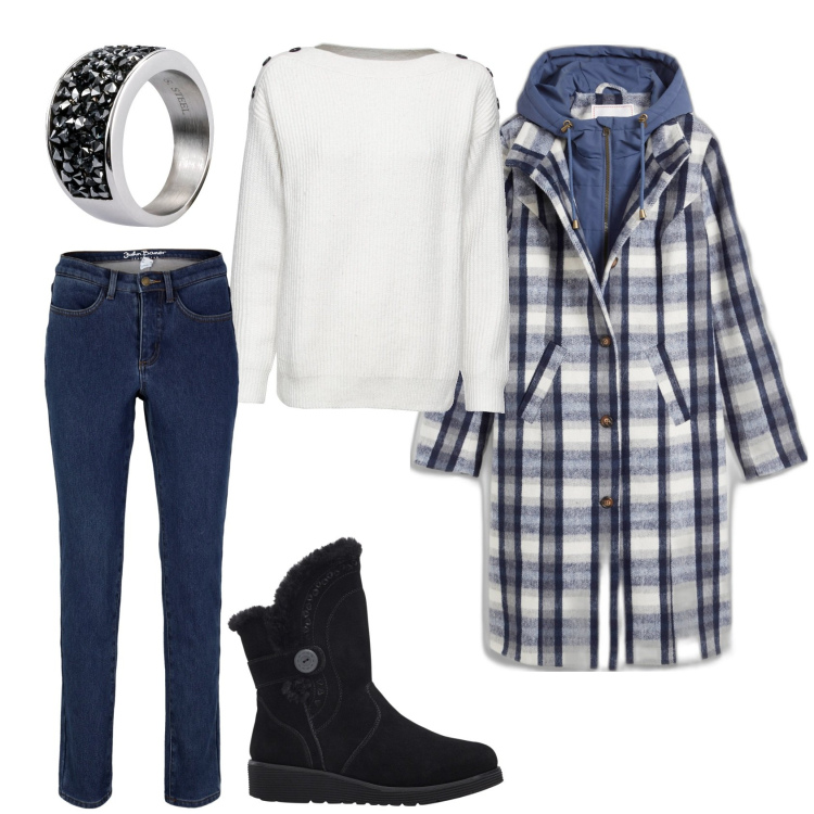 Outfit donna - Total look. Stile Casual per Tutti i giorni. Abbinamento con maglieria, stivali, cappotti, jeans, anelli.
